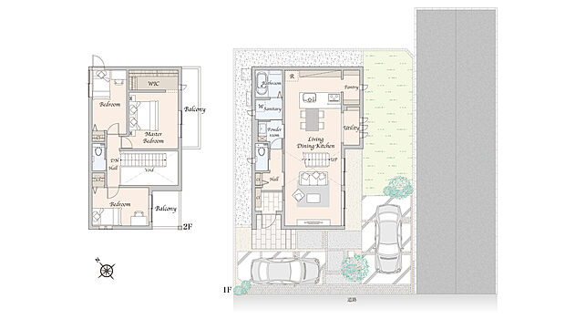No.1/3LDK+ウォークインクローゼット
1F/57.80m2(約17.48坪)
2F/43.76m2(約13.23坪)