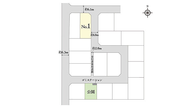 全体区画図
※電柱計画は変更になる可能性があります。※掲載の区画図は設計図面を基に書き起こしたもので、実際と異なる場合があります。※方位記号は若干の差異を生じる場合があります。