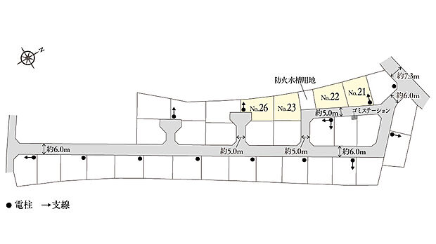 区画図
※電柱計画は変更になる可能性があります。※掲載の区画図は設計図面を基に書き起こしたもので、実際と異なる場合があります。※方位記号は若干の差異を生じる場合があります。