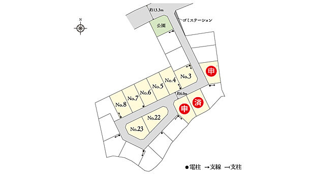 ※電柱計画は変更になる可能性があります。異なる場合は現況を優先とさせていただきます。
※掲載の区画図は設計図面を基に書き起こしたもので、実際と異なる場合があります。異なる場合は現況を優先とさせていただきます。
※方位記号は若干の差異を生じる場合があります。
※確定測量の結果、誤差が生じた場合は精算いたしません。
※坪数は1m2＝0.3025坪、小数点第3位以下は切り捨てで計算しています。