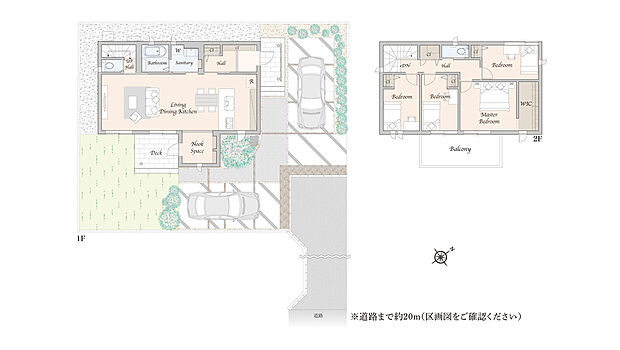 【4LDK+WIC】総面積254.96m2のうち、58.19m2を協定道路として提供
※掲載の間取り・外構・植栽等は図面を基に書き起こしたもので、実際と異なる場合があります。
※間取りに記載された家具類、自動車等は、一部を除き販売価格には含まれません。