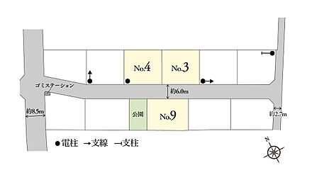※電柱計画は変更になる可能性があります。異なる場合は現況を優先とさせていただきます。
※掲載の区画図は設計図面を基に書き起こしたもので、実際と異なる場合があります。異なる場合は現況を優先とさせていただきます。
※方位記号は若干の差異を生じる場合があります。
※確定測量の結果、誤差が生じた場合は精算いたしません。
※坪数は1m2＝0.3025坪、小数点第3位以下は切り捨てで計算しています。 
