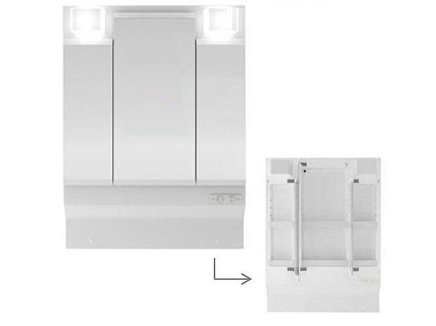 【同仕様画像 (その他内観)】\同仕様写真/たっぷり収納の3面鏡。小物も収納できるのですっきり片付きます。くもり止めヒーターついているのでお風呂上りのドライヤーも快適に。