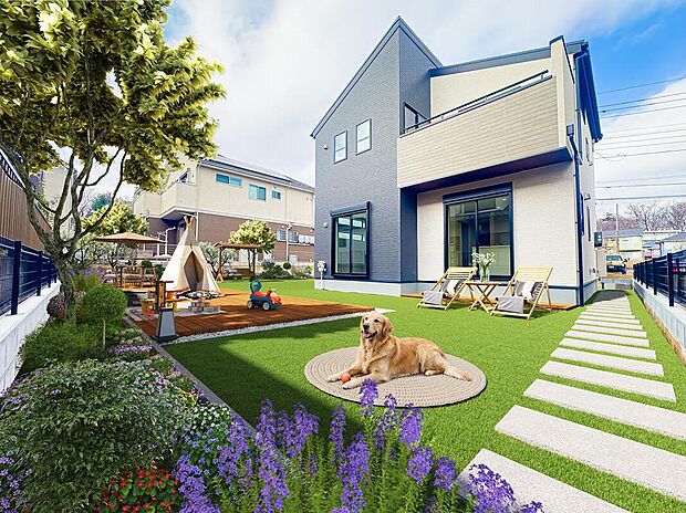 【庭】ドッグランが作れる程の広さを誇る、自慢のお庭スペース。野外用家具をレイアウトしたり、ガーデニングや家庭菜園をしたり、夏は子供用のプールを置いたりできます。(家具類や植物、動物はCG画像です)。