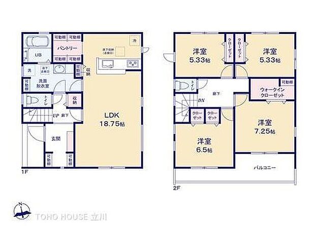 【4LDK】広々18.75帖のLDKは家族団らんの中心。豊富な収納と4つの洋室で、お子様の成長に合わせた間取り変更も可能です。