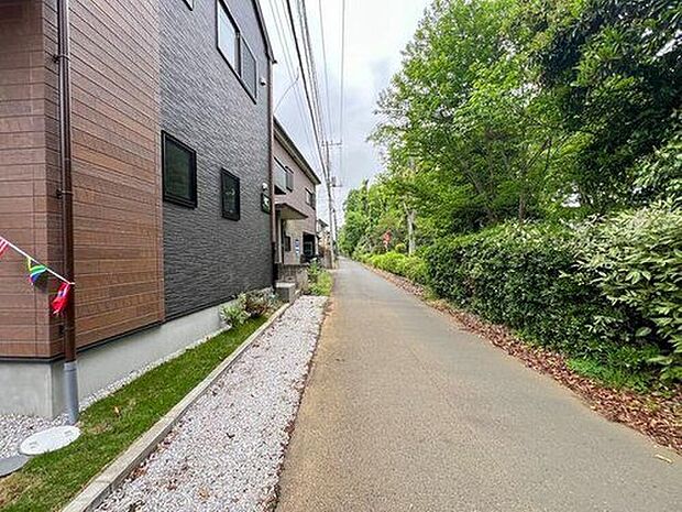 【前面道路含む現地写真】前面道路は豊かな緑が広がり、自然の潤いを身近に感じられるロケーションです 。