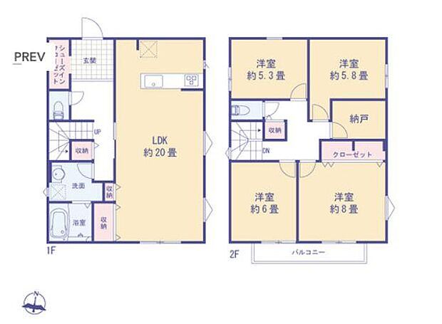 【4LDK+S（納戸）】開放感あふれる広々とした約20畳の大空間LDK！2階には4つの洋室と便利な納戸を備えた、部屋数豊富な4LDKプランです。家族それぞれがプライベートな時間をゆったりと快適に過ごせるゆとりの住まい。