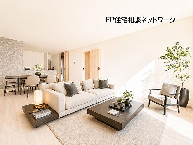 家族が自然と集まる、明るく開放的なリビング♪優しい色合いと上質感が調和した、心安らぐ住空間です。(一部AIにて生成しており、実際に現地に家具・家電・小物等はおかれておりません。)