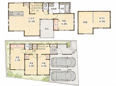 A号棟間取り（車庫面積10.55m2含む） 