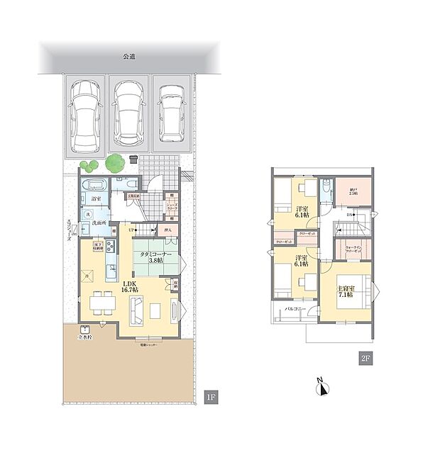 【３LDK＋タタミコーナー＋納戸】玄関からリビングを通らず、洗面・浴室へ直行できる動線が最大の特徴。外遊びで汚れたお子様や、部活帰りの衣類をすぐに脱げるため、リビングが汚れずお掃除の手間をグッと減らせます。階段横のタタミコーナーは、キッチンからも目が届きやすく、小さなお子様の遊び場として理想的です。