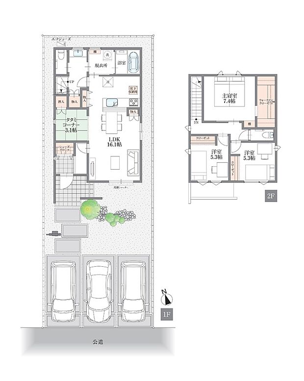 【3LDK＋タタミコーナー】16.1帖LDKに、3.1帖のタタミコーナーを隣接。 お子様の遊び場やお昼寝に最適です。 SCや主寝室のWICなど収納力も高く、 家族がゆったり過ごせる南向きプランです。