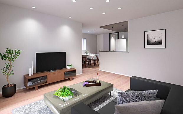 【No.1│リビング】18.1帖の広々空間とリビング階段は、家族が自然と顔を合わせる魔法の設計。料理中もソファで寛ぐ時も、お互いの気配を感じられる温かい毎日が始まります。