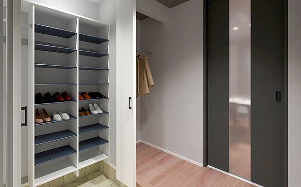 【No.1│玄関】ベビーカーや趣味のアウトドア用品もそのまま入る大型収納。リビングに泥汚れを持ち込まず、いつでもモデルルームのような美しい玄関でお客様を迎えられます。