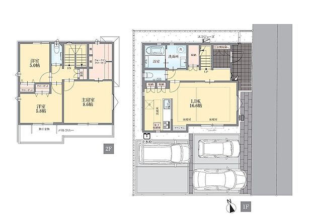 【3LDK】キッチン横の収納や大容量WIC、さらにLDKに3箇所設置された床暖房など、図面から読み取れる「暮らしの質」を強調します 。