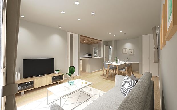 No.1号棟 LDK完成予想図
リビング・ダイニング・キッチンが一体となった開放的なLDK。カウンターを備え、家族の会話が自然と広がる心地よい空間です。