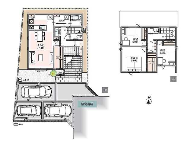【No.5 間取図】
17.2帖のLDKにはファミリークロークを設置。家族の荷物や日用品をしまいやすく、リビングをすっきり保てます。2階には3つの洋室を配置しました。