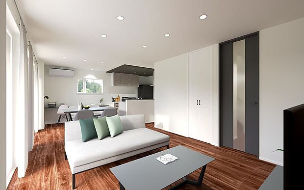 【【No.45】リビング】大きな窓からたっぷりと陽光が差し込む明るいリビング。家族が自然とソファに集まり、テレビを見たり会話を楽しんだりと、毎日の団らんが心地よく広がる空間です。