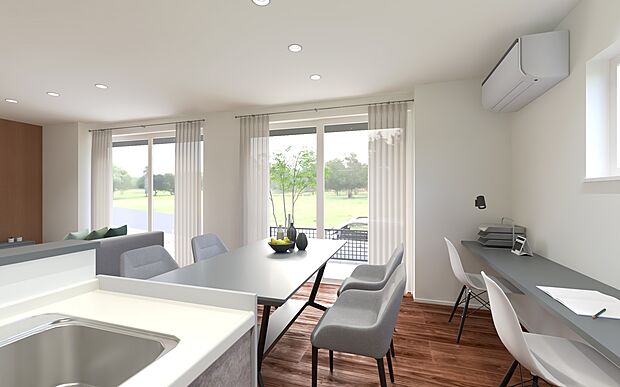 【【No.45】キッチン・ダイニング】キッチンからダイニングまで見渡せる開放的な空間設計。料理をしながら家族との会話が弾み、日々の何気ない時間までも大切に感じられる暮らしが叶います。