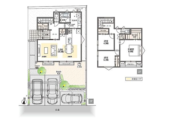 【３LDK＋３S】駐車スペース3台。19.3帖の広々としたLDK。