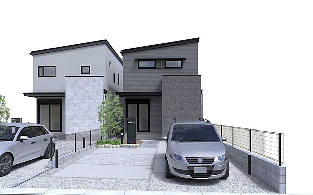 [No.2　外観パース]
南道路に面した敷地。駐車スペースをゆったり確保しつつ、道路からの視線を遮りやすい配置で、プライバシーも安心。直線的でスタイリッシュな外観デザインが街並みに映えます。