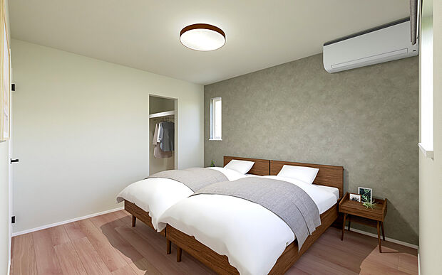 【No.2　主寝室パース】ヘッドボード側の壁には、グレーのアクセントクロスを採用し、落ち着いた雰囲気を演出しました。