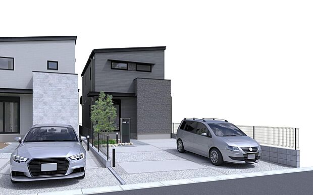 【No.2　外観パース】直線的でスタイリッシュな外観デザインが街並みに映えます。