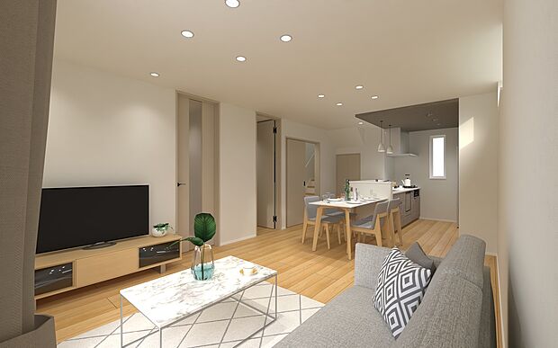 【No.5　LDK】16.2帖の広々としたLDKは、ダウンライトですっきりと仕上げたフラットな天井が開放感を演出。キッチンの下がり天井が空間のオシャレなアクセントになっています。