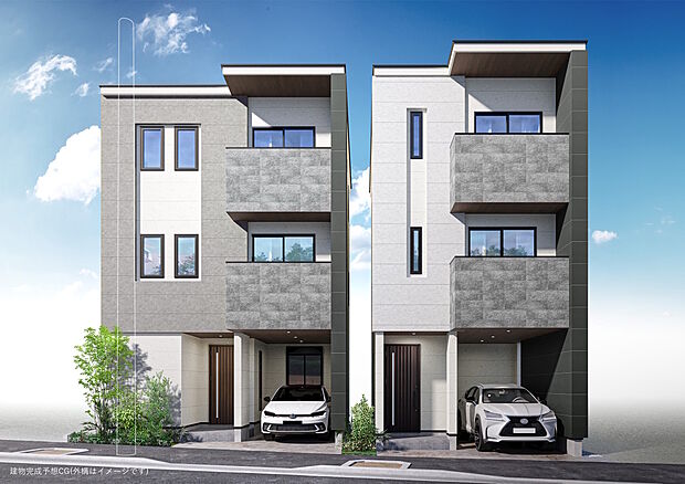 【完成予想図】
直線的なフォルムが生み出す造形は、外壁のアクセントに使用される自然素材の温かみと調和し、現代的でかつ、洗練された外観を演出します。