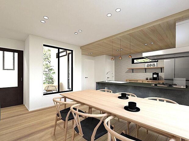 【リビング】〈完成予想図〉窓を大きくとり、光溢れる明るいLDK。ダイニングテーブルやソファーを置いてもゆとりのある広さなので、家族団らんの空間にオススメです。