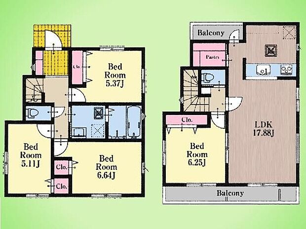 1号棟　　価格5480万円、4LDK、土地面積122.25m2、建物面積93.98m2 　美しい景色を眺められる2階にリビングのある間取り。バルコニーは2面にあり、心地よい風がリビングを通り抜けます。