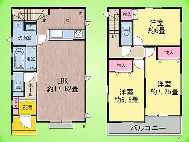 【3LDK】広々とした約17帖のLDK。水回りがコンパクトに配置されています。洗面室はLDKから出入りができ、家事動線が短く毎日の家事が楽になる間取りです。LDKに階段がある間取りで、自然と家族のコミュニケーションを生む間取りです。
