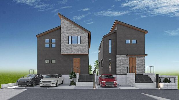 【◇◆完成予想パース◆◇】質感の異なる外壁を組み合わせることで、奥行きのある表情に。
都会的なエッセンスが詰まった、唯一無二のデザイン住宅です。