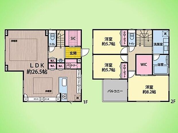 【3LDK】26.5帖の広々LDKが魅力のゆとりある間取り。SICやパントリー、2階のWICなど収納も充実し、家中すっきり保てます。水まわりを2階にまとめ、バルコニーへの動線もスムーズな家事ラク設計です。