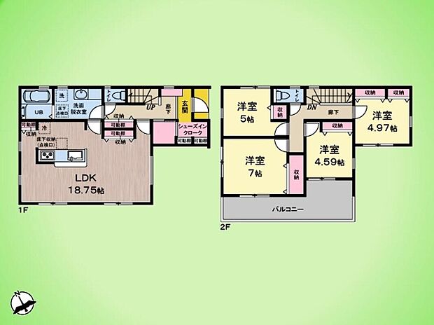 【4LDK】家族が集まるLDKは、ゆとりある18.75帖の広さ。対面キッチンを採用し、お料理中も自然と会話が弾みます。南からの明るい陽光が差し込む心地よい空間で、家具を置いてもゆったりと過ごせます。