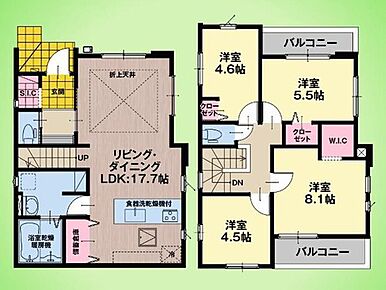 リビングの一部に折上天井を採用し、縦への広がりを感じる開放的なLDKに。やさしい光に包まれた心地よい空間は、家族が自然と集まる憩いの場所になります。 
