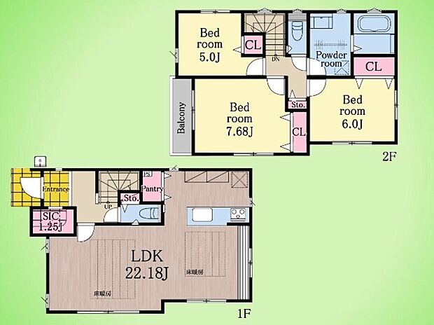 【3LDK】2階には独立性の高い3つの洋室をご用意。7.68畳の主寝室はバルコニーに面しており、明るく開放的。全室にクローゼット付きでプライベート空間も快適です。