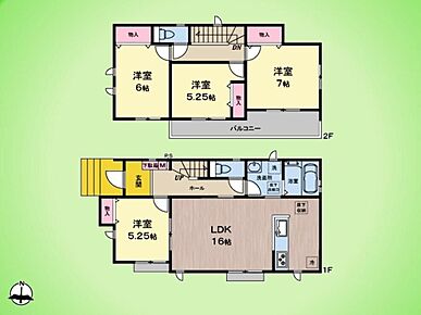 使い勝手に優れた全居室洋室の4LDK間取り。1階には16帖の広々LDKと5.25帖の洋室を配置し、家族の成長や生活スタイルに合わせてフレキシブルに活用できます。 
