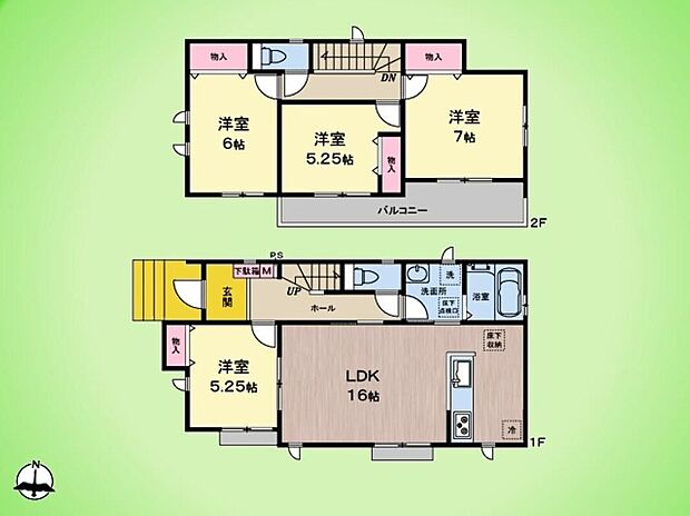 【4LDK】使い勝手に優れた全居室洋室の4LDK間取り。1階には16帖の広々LDKと5.25帖の洋室を配置し、家族の成長や生活スタイルに合わせてフレキシブルに活用できます。