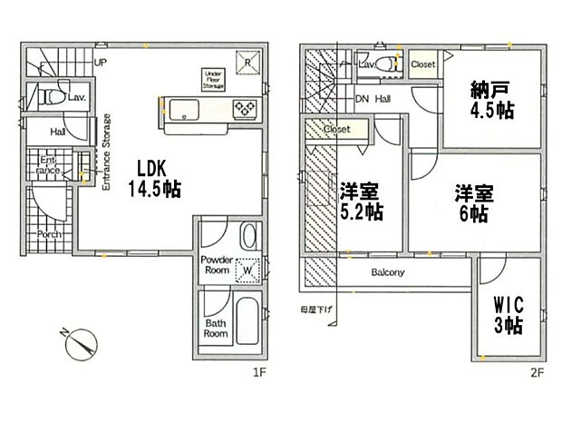 1号棟間取:2SLDK、敷地面積72.98m2、延床面積76.54m2
