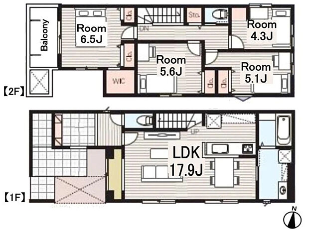 1号棟【間取り図】1階LDK17.9帖、2階洋室6.5帖・5.6帖・5.1帖・4.3帖
