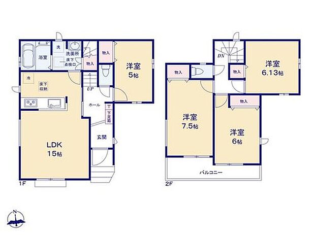 【4LDK】【間取り】LDK15帖/洋室7.5帖/洋室6.12帖/洋室6帖/洋室5帖