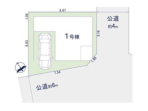 【全体区画図】南東角地ならではの開放感が魅力の1区画。南西側約6m公道と南東側約4m公道に面し、陽当たりや風通しにも恵まれた立地です。ビルトインガレージ付きでお車の保管にも便利な住まいです。