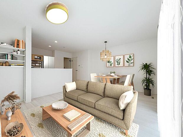 【リビング】こちらの写真はCGで家具を設置しております。CG加工をしておりますので実際の室内状況と相違があり、家具、家電などは取引対象に含まれません。(1号棟)