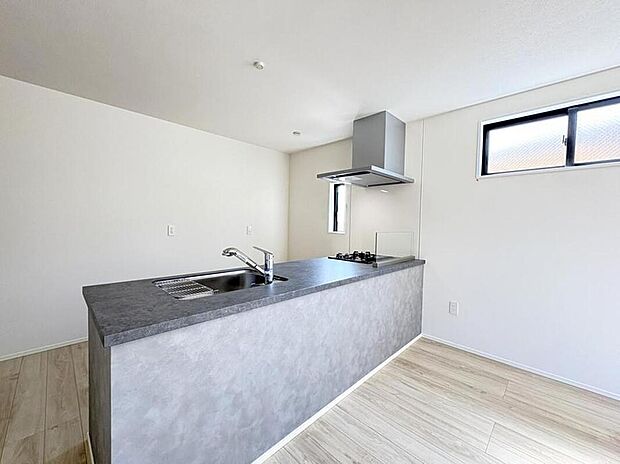 【1号棟 大型キッチンカウンター】フラット大型キッチンカウンター・奥行のあるカウンターはホームパーティーを連想するスタイリッシュなデザイン