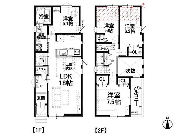 【間取りプラン】1号棟「吹き抜け」のある開放的なリビングダイニング・4LDK2階建て