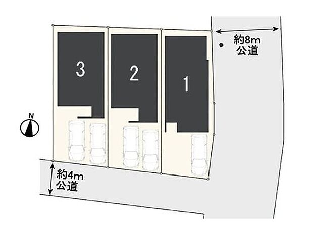 【区画図】南公道4m・東公道8m(歩道あり)日当良好!整形地 各30坪
