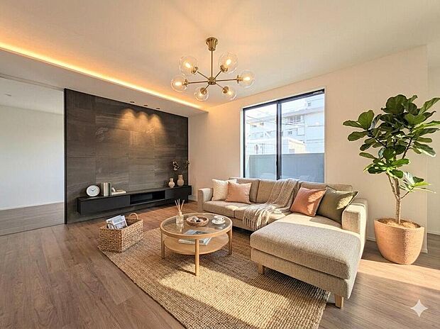 2号棟【LDK17.5帖】
インテリアショップで見掛けた「あの家具」も置ける、ゆったりとした空間。時に広さが上質な寛ぎの時間になる事も。
※家具はCGです。