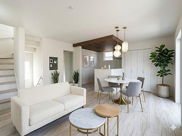 【LDK】下がり天井が空間にアクセントを加えるリビング。落ち着いた雰囲気の中で家族の時間を過ごせます 。※家具はCG加工しています。