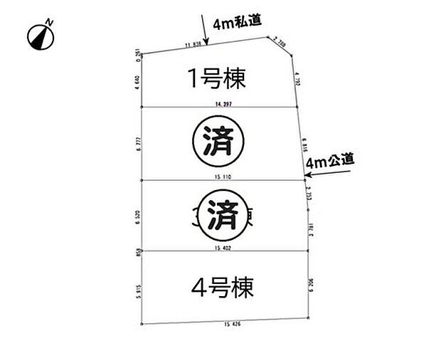【全体区画図】緑豊かで閑静な住宅地に位置した落ち着きのある住環境。駐車2台可能（車種による）で、来客時にも便利です♪