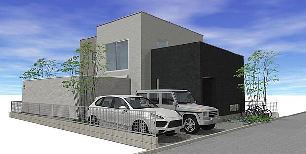 洗練されたモノトーンの外観が目を引く、モダンな住まい。2台分の駐車スペースと自転車置き場を確保し、家族の多様なライフスタイルをサポートします。